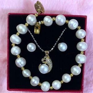 14K Gold Plated South Sea Pearl Earrings Bracelet Necklace Jewelry Set